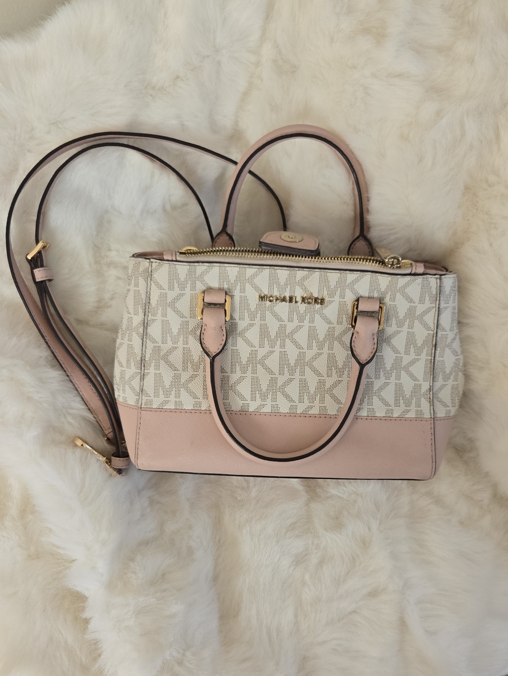 Michael Kors Pink and Ivory MK Logo Crossbody Satchel
